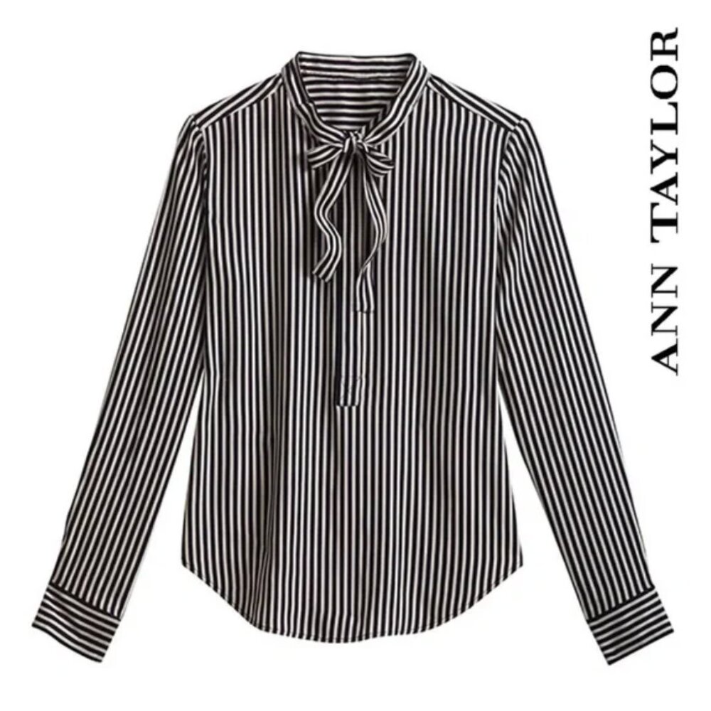 Ann Taylor Black and White Petite Blouse with Neck Tie - Size XXSP